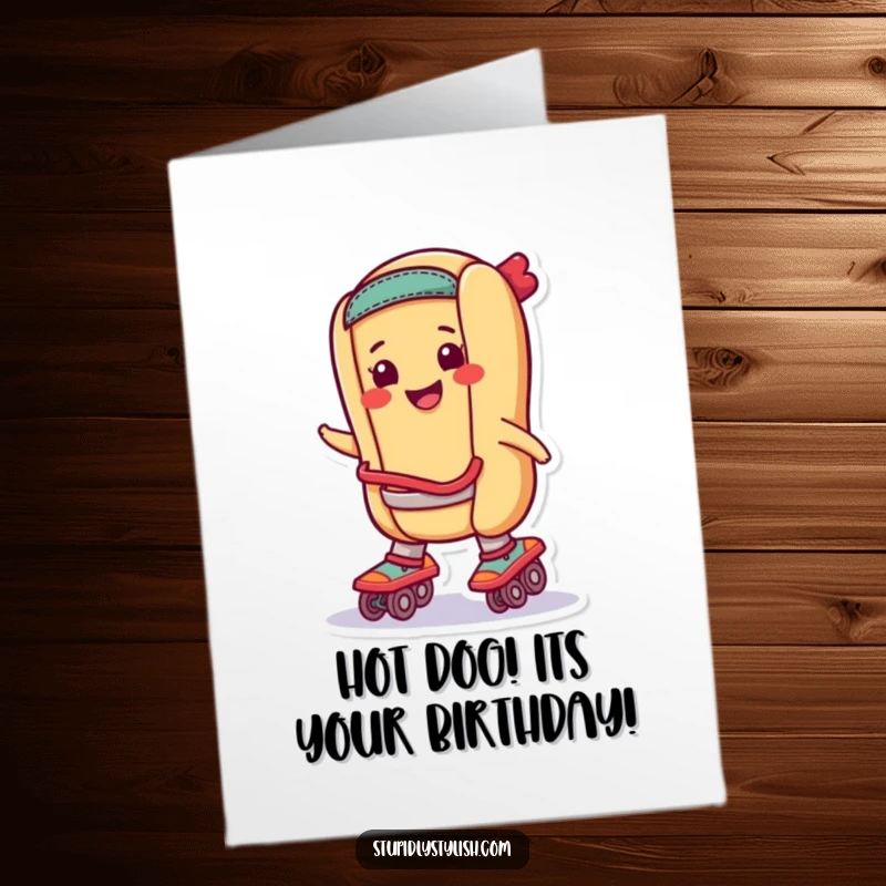 Funny Free Printable Birthday Card: A smiling hot dog on roller skates cruising along, wishing a happy birthday.