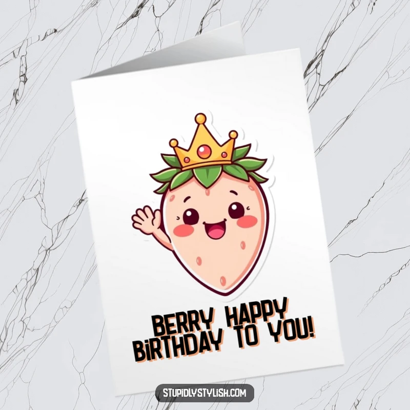 Funny Free Printable Birthday Card: Happy strawberry with a crown waving hello, perfect for a cheerful DIY gift.