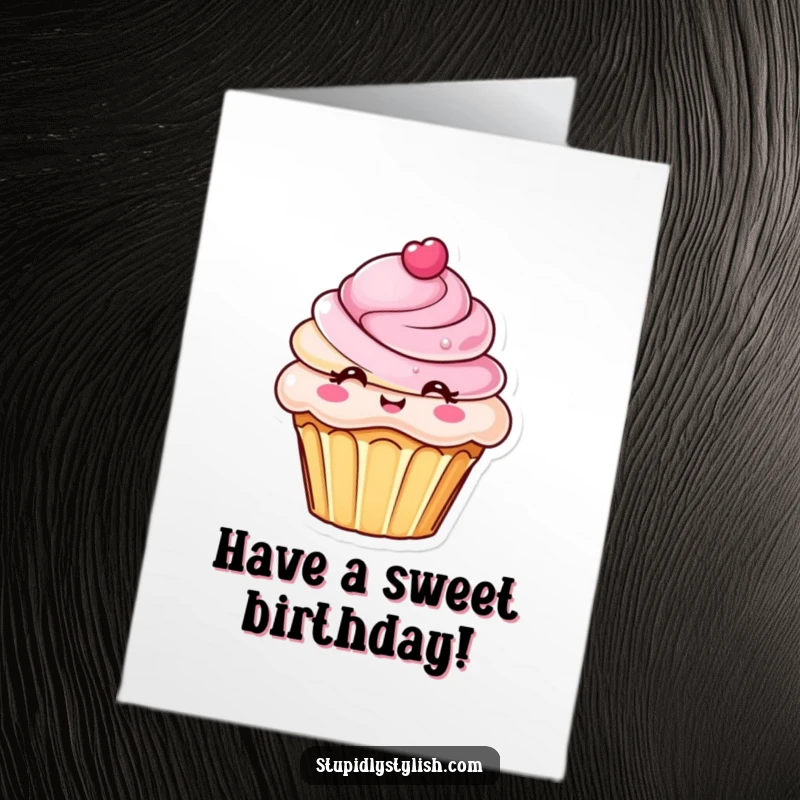 Free Printable Birthday Card: A chic cupcake character boasts elaborate frosting, offering sweet birthday cheer. Downloadable.
