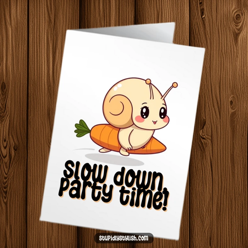 Funny Free Printable Birthday Card: A determined snail is comically racing a speedy carrot, depicting a funny birthday challenge.