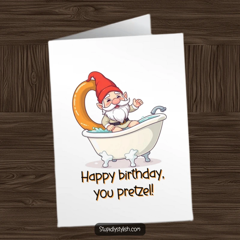 Funny Free Printable Birthday Card: Confused garden gnome attempts to surf a giant pretzel in a bathtub, looking bewildered.