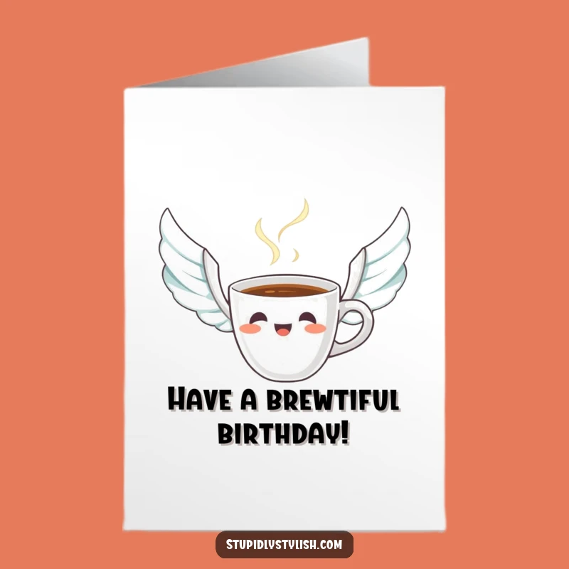 Free Printable Funny Birthday Card: Startled Coffee Cup, Soaring into a Happy Day!