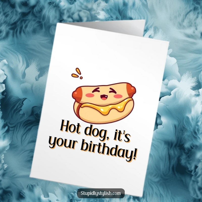 Funny Free Printable Birthday Card: A confused hot dog sits awkwardly in its bun, looking bewildered.
