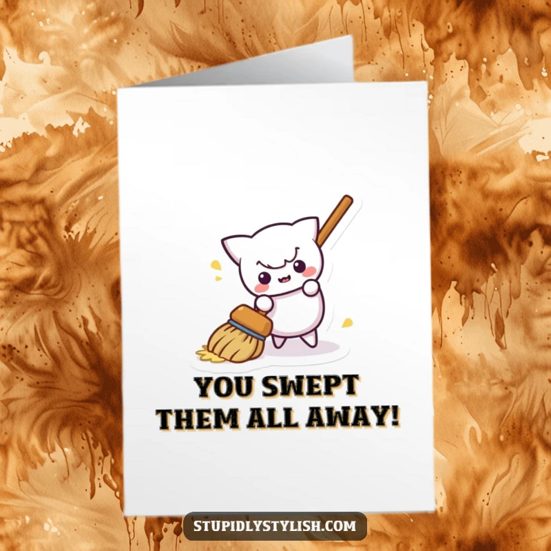 Funny Free Printable Congratulations Card: A mischievous broom is humorously sweeping itself away, signifying clearing the path to success. Congrats!