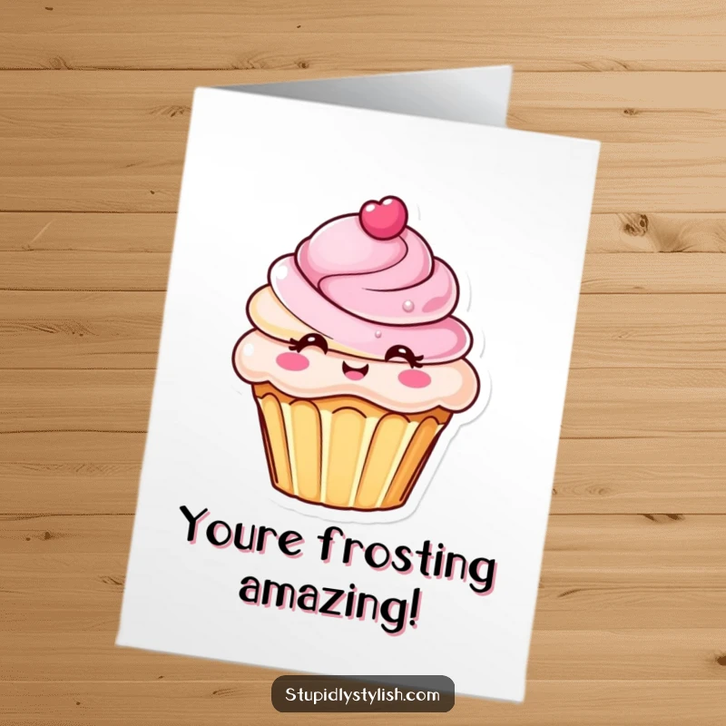 Free Printable Congrats Card: A chic cupcake character with elaborate frosting celebrates a sweet achievement. Downloadable.