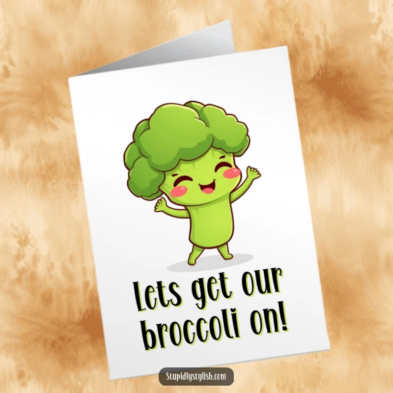 Funny Free Printable Congratulations Card: A giggling broccoli character busts a move, celebrating wins. DIY downloadable.