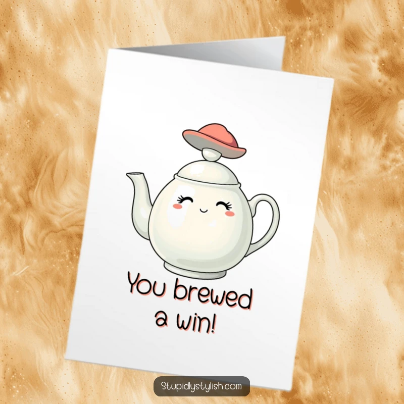 Free Printable Congrats Card: A stylish teapot character wears a tiny, fashionable hat, conveying chic congratulations. Downloadable.
