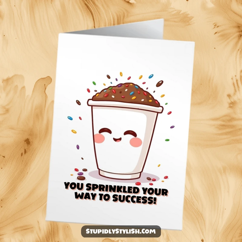 Funny free printable congratulations card: A happy coffee cup character's sneeze sends a delightful explosion of colorful sprinkles flying.