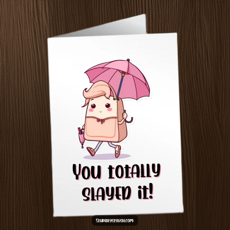 Free Printable Congrats Card: A sassy handbag character struts with a tiny umbrella, conveying chic congratulations. Downloadable.