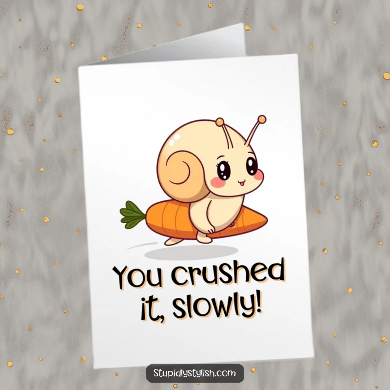 Funny Free Printable Congratulations Card: A determined snail comically crosses the finish line ahead of a fast carrot, celebrating victory.