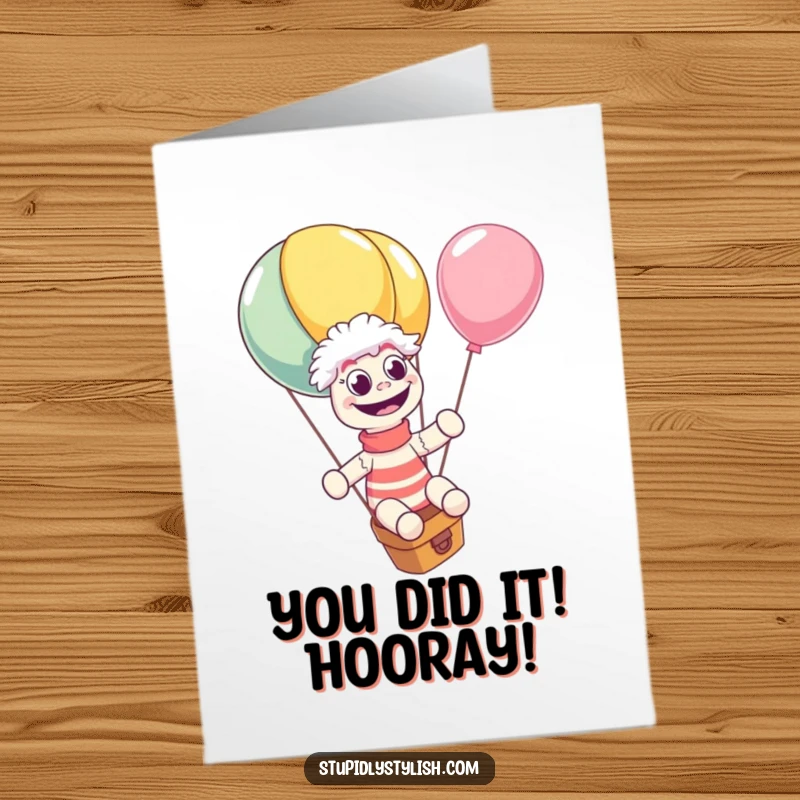 Funny Free Printable Congrats Card: Giggling sock puppet zooms on a giant runaway balloon, celebrating good news.