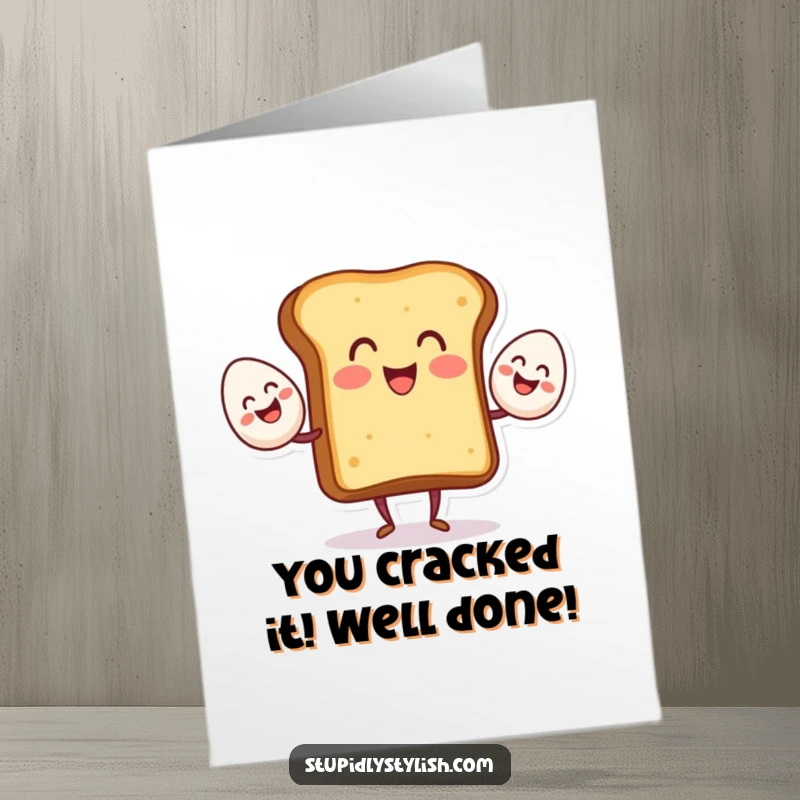 Funny Free Printable Congratulations Card: Cheerful toast character impressively juggling three smiling eggs, conveying joy.