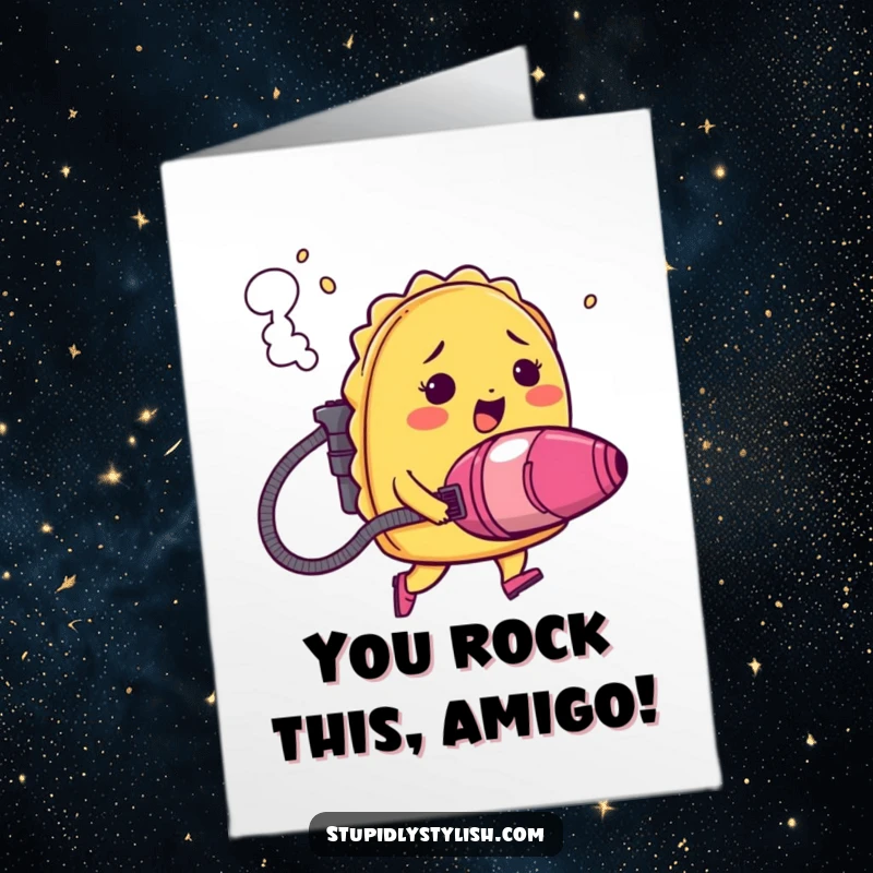Funny free printable congratulations card: A shy taco blasts off with a vacuum cleaner jetpack, trailing smoke.