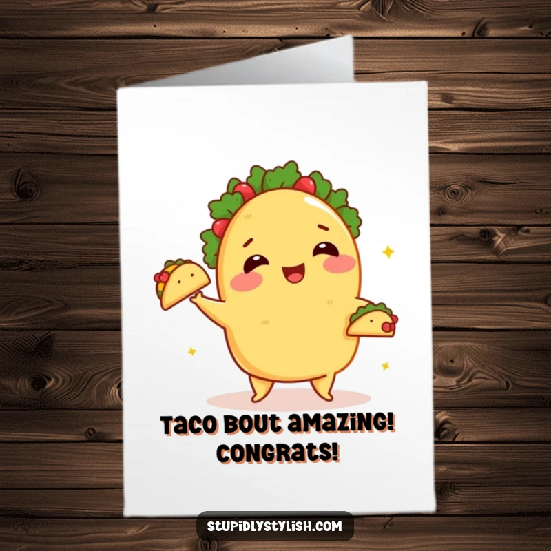 Funny Free Printable Congratulations Card: A blushing taco happily juggles tiny tacos, celebrating success.
