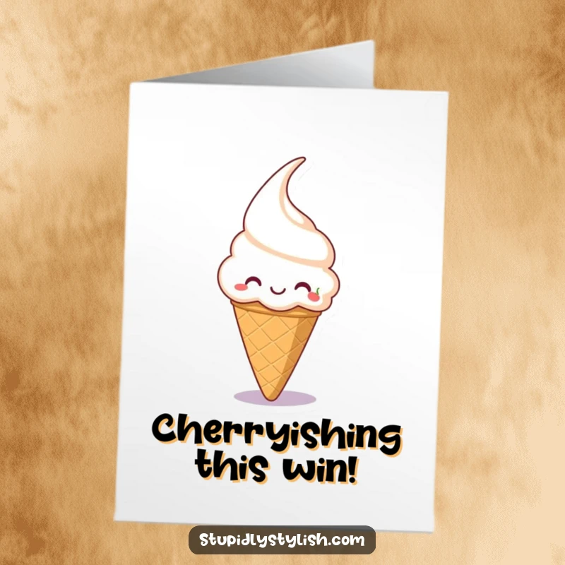 Funny Free Printable Congratulations Card showing a silly ice cream cone attempting to catch a falling cherry.