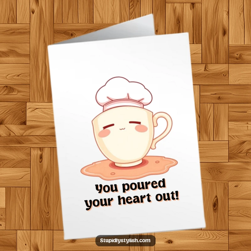 Funny Free Printable Congratulations Card showing a sleepy teacup chef hat-wearer falling into a puddle, representing a humorous mishap.