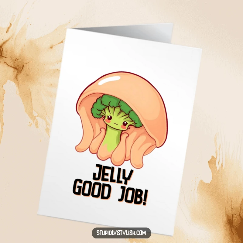 Funny Free Printable Congratulations Card: a shy broccoli floret peeking from behind a giant wobbly jelly, celebrating a sweet victory.