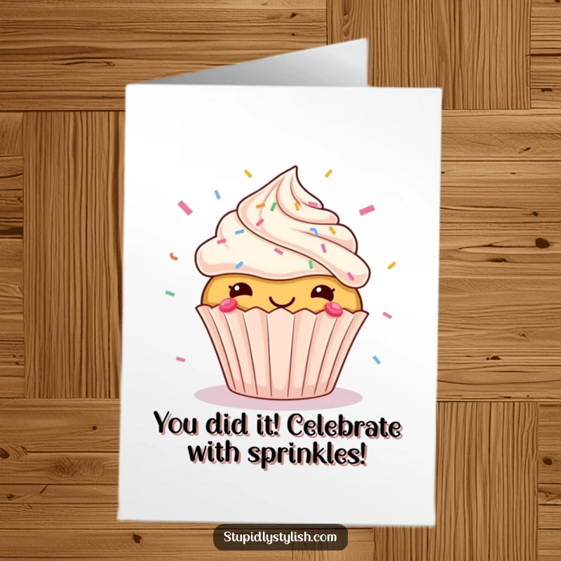 Funny Free Printable Congratulations Card showcasing a giddy cupcake launching sprinkles in a delightful explosion of celebration.