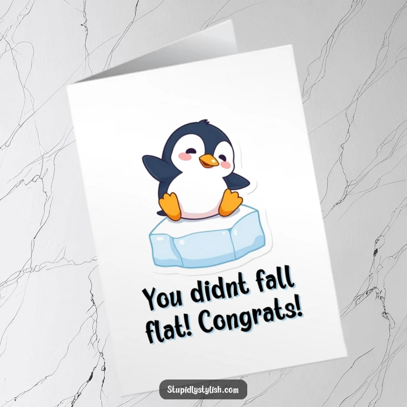 Funny Free Printable Congratulations Card: A clumsy penguin takes a comical spill on an ice cube, celebrating your win.