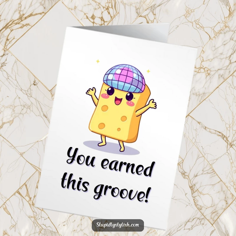 Funny Free Printable Congrats Card: A piece of cheese gleefully dancing with a disco ball to celebrate.