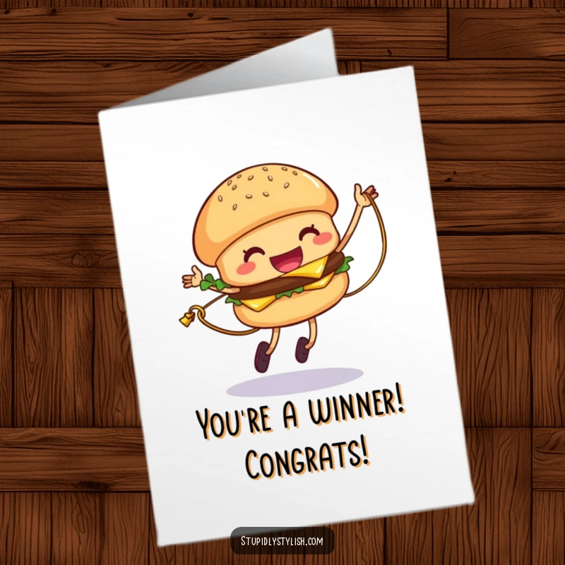Funny Free Printable Congratulations Card: Giggling hamburger character jumping rope with cheese, celebrating success with playful energy.