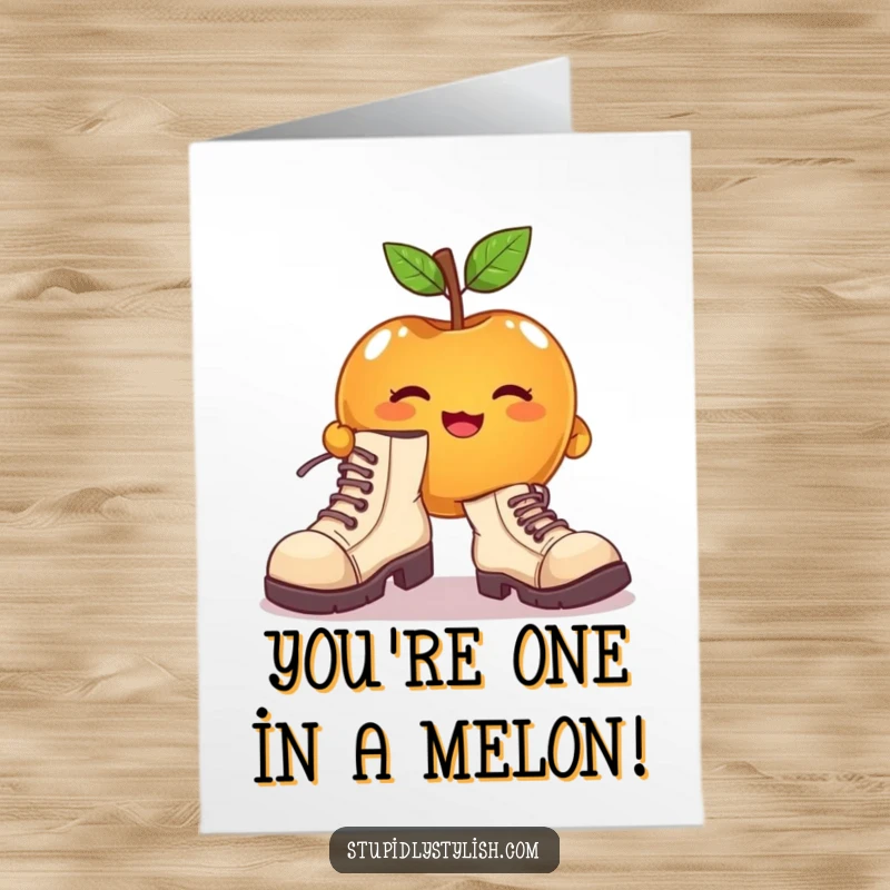 Funny Free Printable Congratulations Card: a cute apple character attempting to wear enormous, mismatched shoes, embracing new challenges.