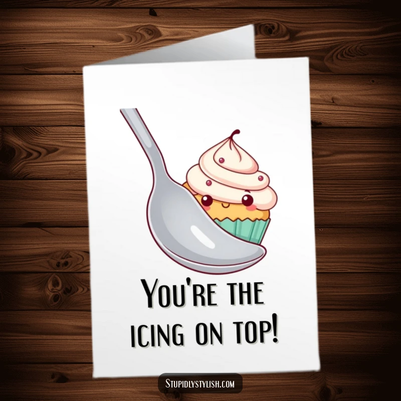 Funny Free Printable Congratulations Card depicting a timid cupcake hiding behind a huge spoon, perfect for celebrating achievements with humor.