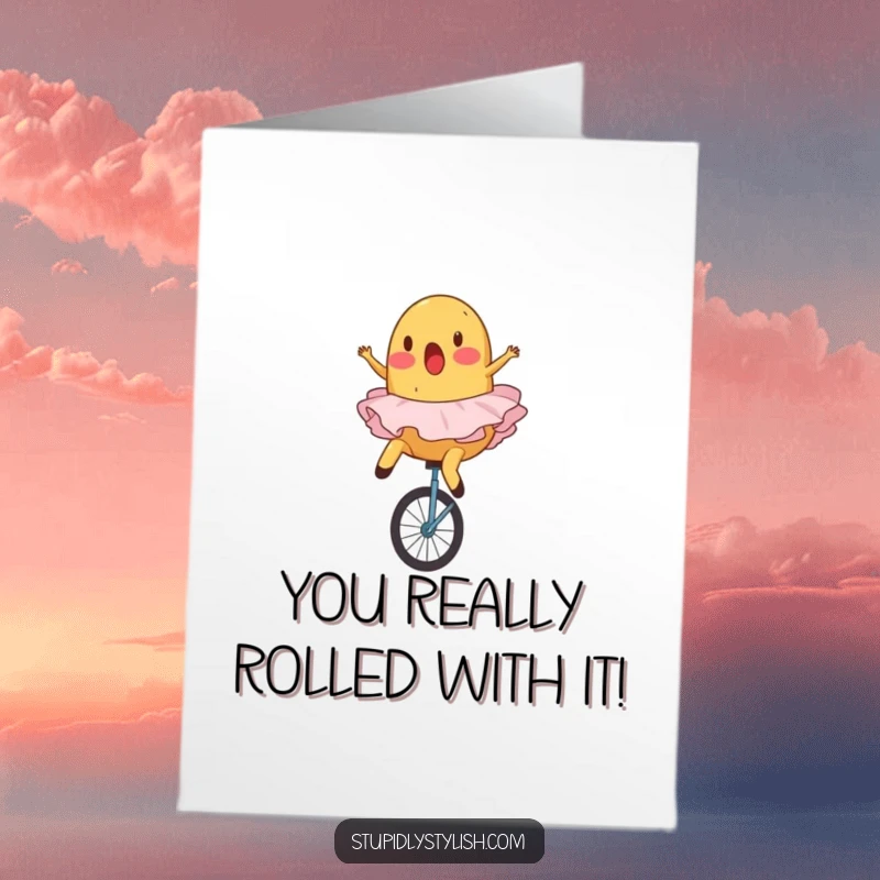 Funny Free Printable Congrats Card: A surprised potato in a tutu falling off a unicycle, celebrating resilience with humor.