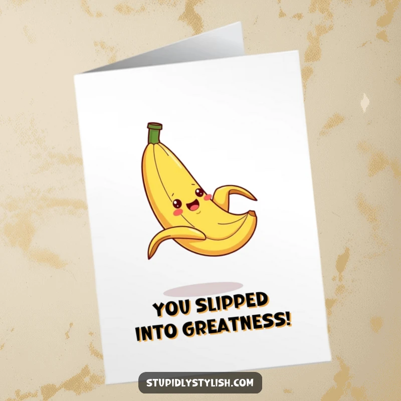 Funny Free Printable Congratulations Card depicting a banana dramatically slipping on a peel, symbolizing a funny hurdle overcome.