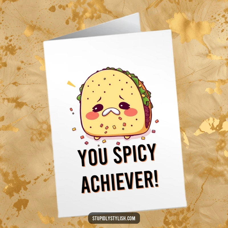 Funny Free Printable Congrats Card: A taco is sneezing with its fillings scattered, signifying a chaotic celebration.