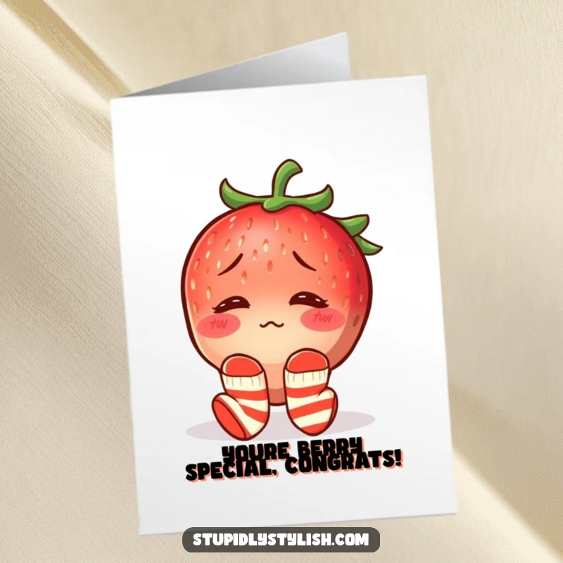 Funny Free Printable Congrats Card: A blushing strawberry sporting mismatched socks, looking sweetly confused at their big achievement.