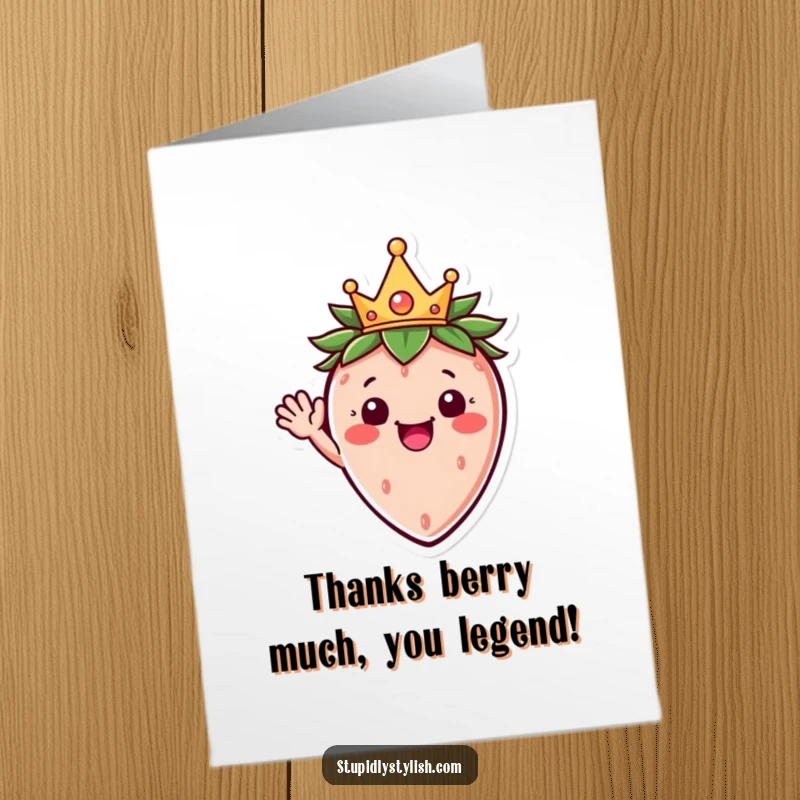 Funny Free Printable Thank You Card: A cheerful strawberry with a crown waves, offering thanks. Easy DIY download.
