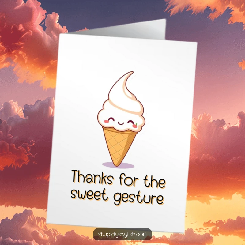 Funny Free Printable Thank You Card featuring a grinning ice cream cone trying to snag a falling cherry.