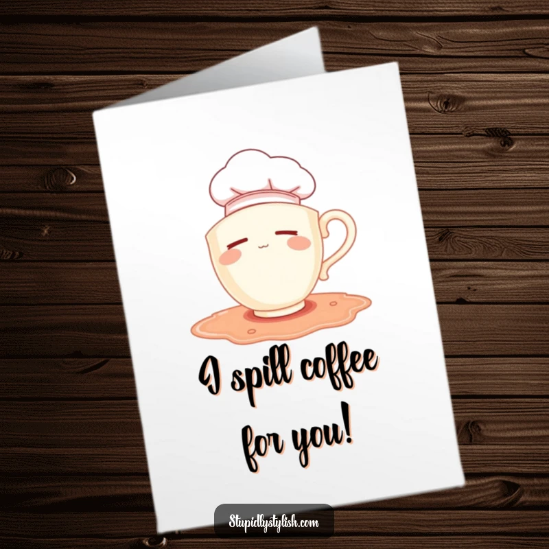 Funny Free Printable Thank You Card with a sleepy teacup chef hat-wearer accidentally falling into a spilled puddle, a cute mishap.