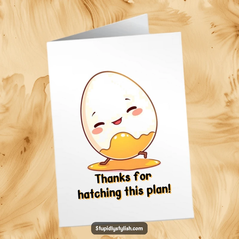 Funny Free Printable Thank You Card: A clumsy egg character trips over its own yolk, offering a humorous gesture of thanks.