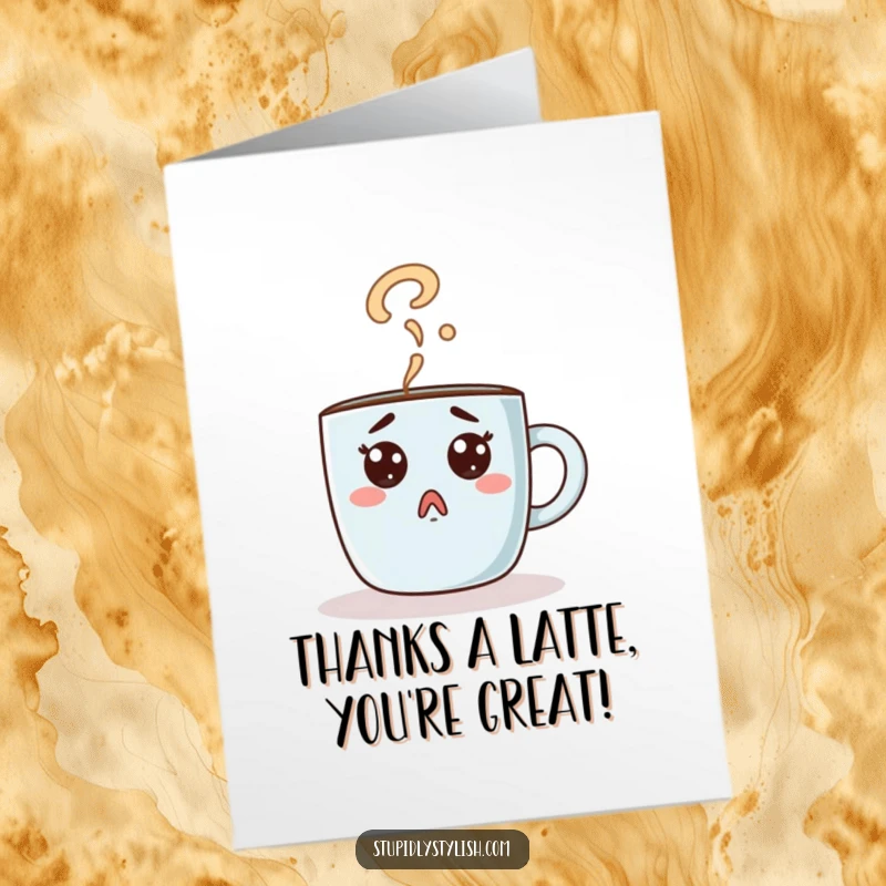 Funny Free Printable Thank You Card: A bewildered coffee mug character's steam shapes into a question mark, offering a humorous thank you.