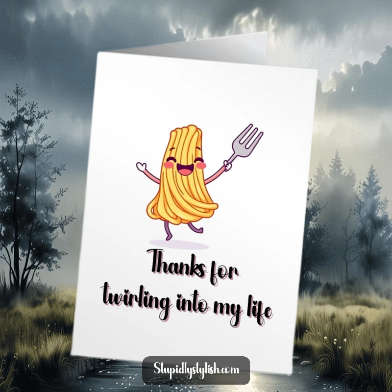 Funny Free Printable Thank You Card: A joyful spaghetti strand happily dancing with a fork, perfect for sending thanks.