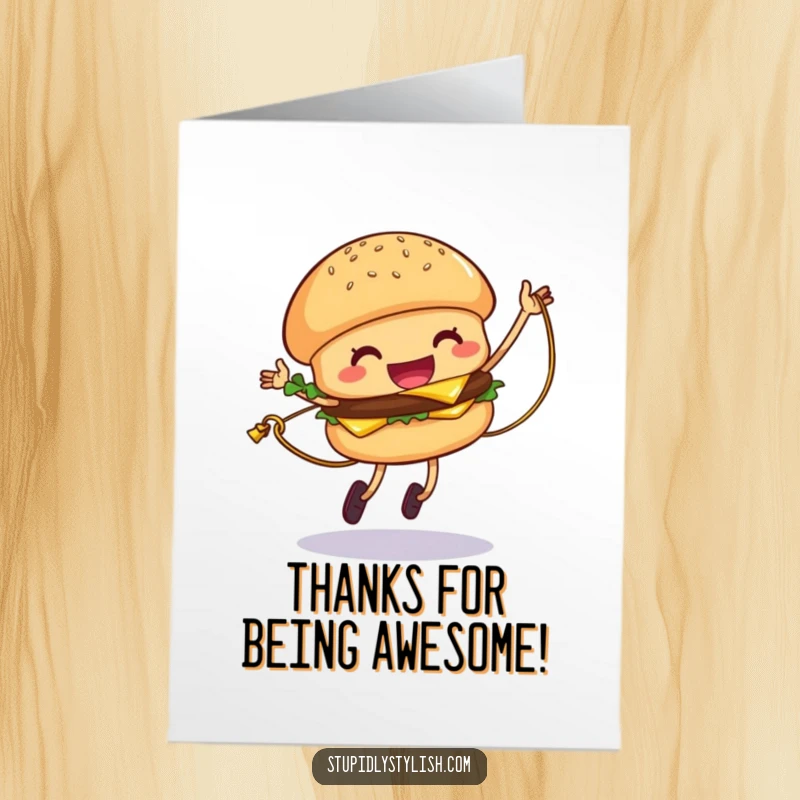 Funny Free Printable Thank You Card: A giggling hamburger character jumping rope with a strand of cheese, offering fun thanks.