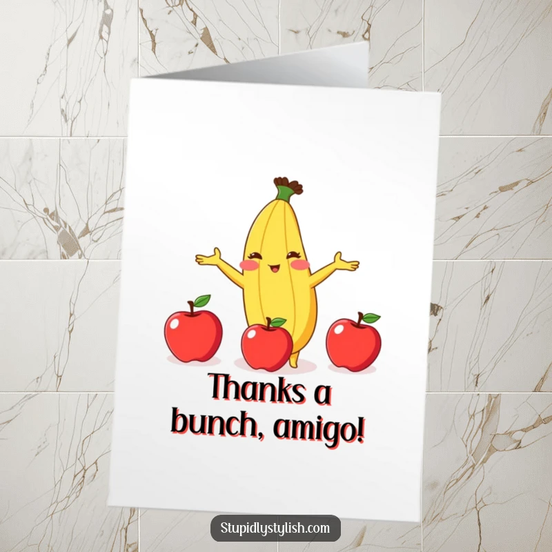 Funny Free Printable Thank You Card: A shy, blushing banana attempting to juggle three apples gracefully.