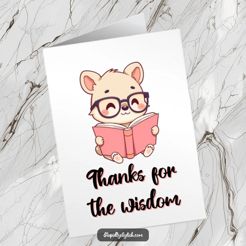 Funny Free Printable Thank You Card: Cute animal character wearing small spectacles, deeply absorbed in a large, detailed book.