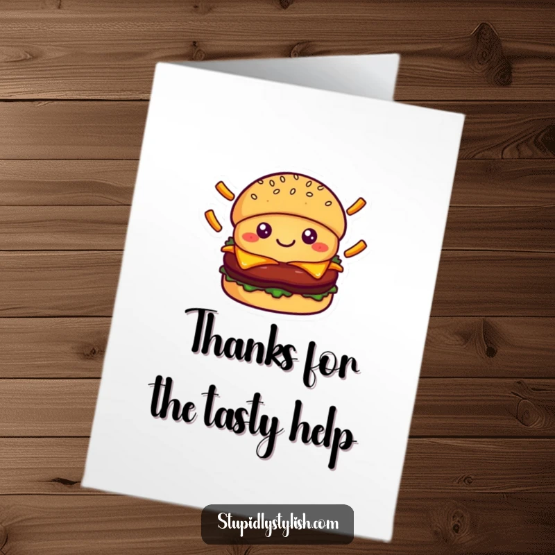 Funny Free Printable Thank You Card: A happy kawaii burger character juggling falling fries, expressing thanks with a smile.