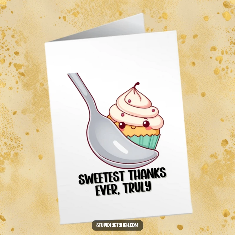 Funny Free Printable Thank You Card showing a shy cupcake concealed behind an enormous spoon, perfect for expressing thanks humorously.