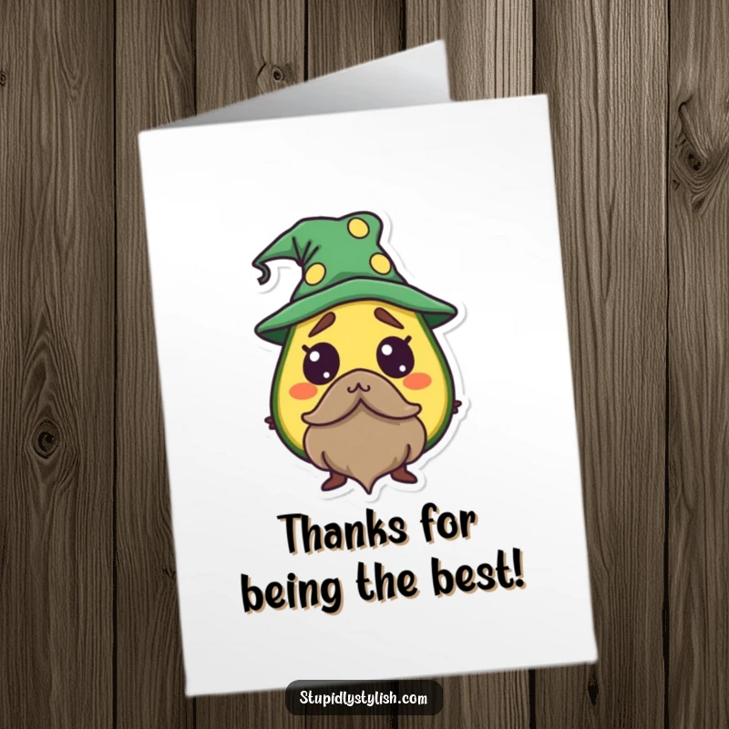 Funny Free Printable Thank You Card: A startled avocado character wearing a wizard hat and beard, delivering thanks with surprise.