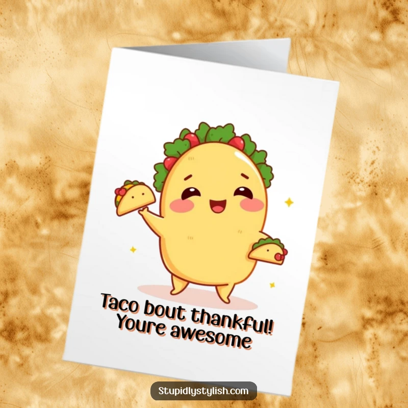 Funny Free Printable Thank You Card: A blushing taco skillfully juggles miniature tacos, expressing thanks.