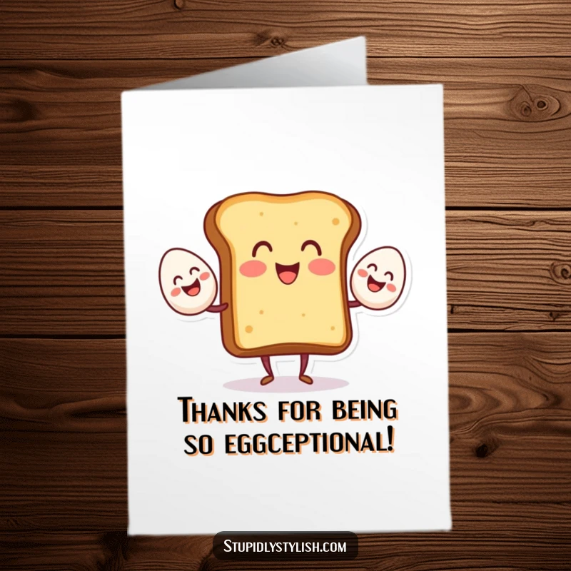Funny Free Printable Thank You Card: Cheerful toast character skillfully juggling three smiling eggs, expressing gratitude.