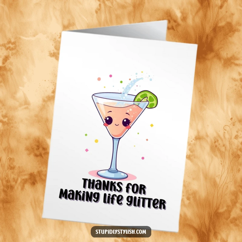 Funny Free Printable Thank You Card with a cocktail glass character dancing joyfully and spilling a celebratory shower of glitter.