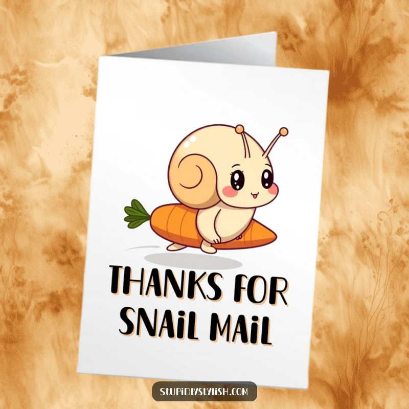 Funny Free Printable Thank You Card: A determined snail is humorously racing a speedy carrot, offering slow but heartfelt thanks.