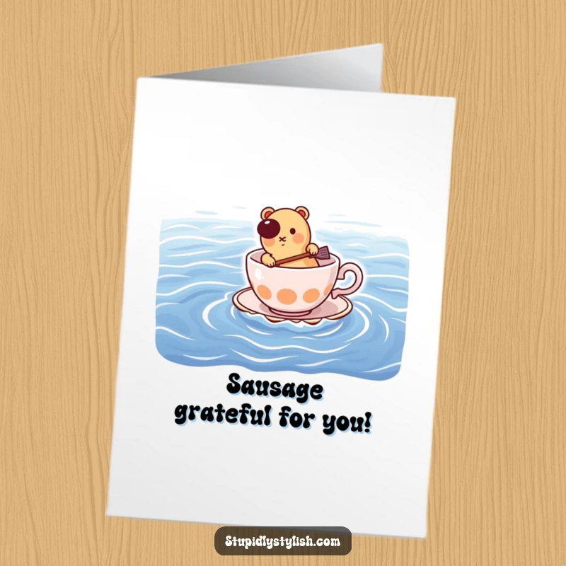 Funny Free Printable Thank You Card with a hot dog paddling a teacup across the ocean, conveying thanks with humor and determination.