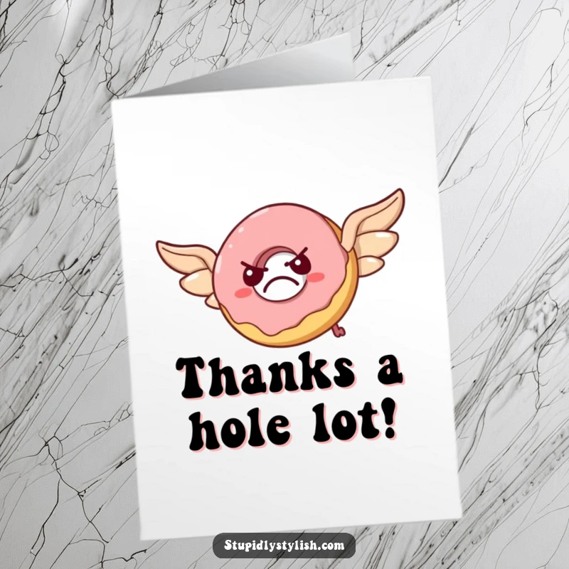 Funny free printable thank you card: A grumpy donut struggles to fly with pastry wings, looking very annoyed.