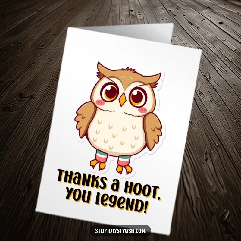 Funny Free Printable Thank You Card illustrated with a wide-eyed owl sporting mismatched socks, conveying thanks with quirky humor.